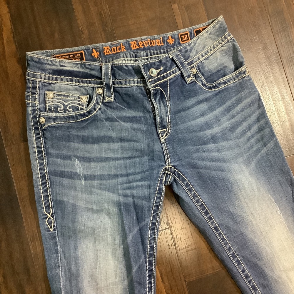 Rock Revival Jen Bootcut Jeans Womens 30 Medium Wash Embellished Flap RJ8156B73